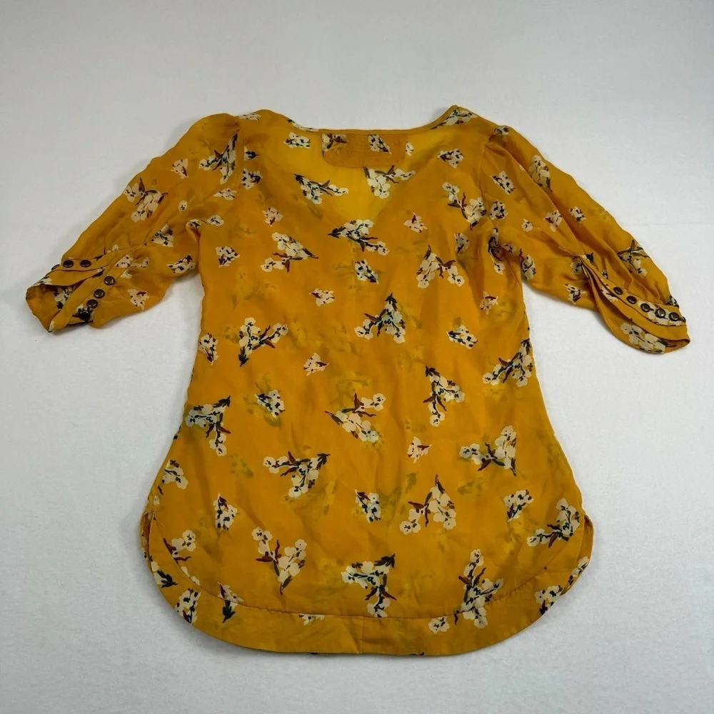 Angie Floral Studded Sheer Blouse Womens Size Small V Neck 3/4 Sleeve Yellow